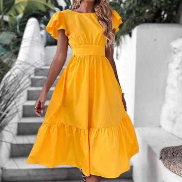 . Dresses & Skirts - Butterfly Sleeve Ruffle Hem Dress YELLOW